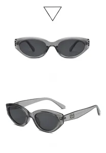 Detail view of transparent gray cat-eye sunglasses with UV protection lenses