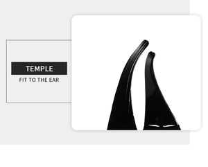 Detail of glossy black temples designed to fit the ear for futuristic sunglasses