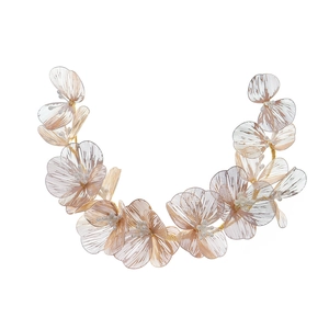 Handmade gold floral bridal headband with champagne pearls and metallic wire petals