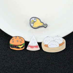Cute enamel pins set featuring cartoon burger, pizza, chicken leg and baozi designs