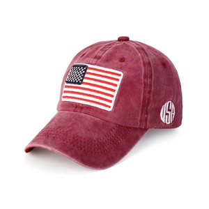 Vintage burgundy washed baseball cap with US flag embroidery and USA side stitching