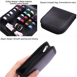 Portable 10-piece sewing kit in a black zipper bag with colorful thread and tools
