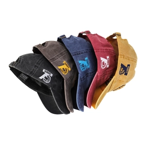 Detail view of five washed cotton baseball caps with side embroidery and inner labels