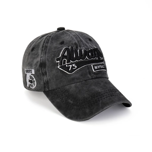 Detail of washed grey baseball cap featuring vintage 3D embroidery and side patch design