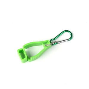Macro detail of grass green utility glove clip with durable plastic clamp and metal carabiner