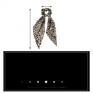 Detailed view of leopard print satin hair scarf showing 36cm length and 9cm diameter