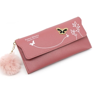Elegant women's long wallet in pink faux leather featuring butterfly print and pom pom charm