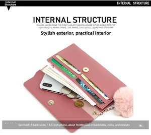 Internal layout of pink faux leather long wallet with card slots and phone compartment
