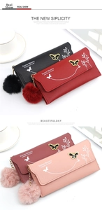 Chic women's long wallets with floral butterfly prints and decorative plush pom-poms