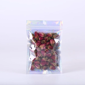 Dried rose buds in holographic laser self-sealing pouch with hanging hole for gifts