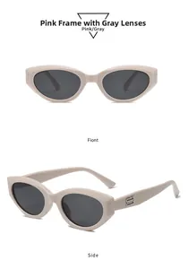 Close-up of pink cat eye sunglasses featuring thick frames and side metal logo bars