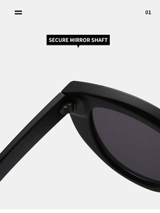Close-up of secure mirror shaft and reinforced hinge on matte black cat eye sunglasses