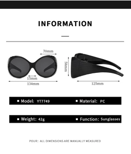 Detailed dimension chart showing frame size and PC material of oversized round sunglasses