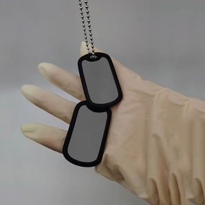 Double layered blank titanium steel dog tag necklace with black silencers on bead chain