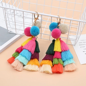 Bohemian Multicolor Tassel Keychain With Plush Pom Poms Gradient Bag Charm Accessory Alloy Lobster Clasp For Women