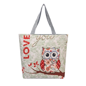 Ethnic owl print canvas tote bag with floral patterns and striped shoulder straps