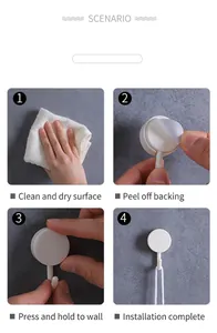Detailed four-step installation guide for adhesive wall hooks on a tiled bathroom wall
