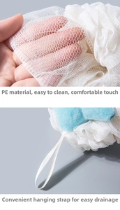 Detailed macro view of soft PE mesh texture and hanging loop on star bath loofah