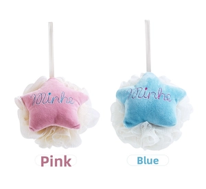 Detail view of pink and blue star-shaped loofahs with Minhe embroidery and soft mesh