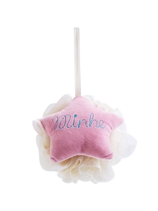 Star-shaped bath sponge with soft mesh and pink plush star decor on white background