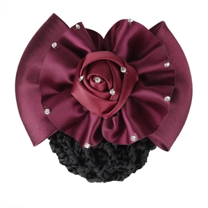 Elegant wine red satin bow hair clip with rose flower, rhinestones and snood net