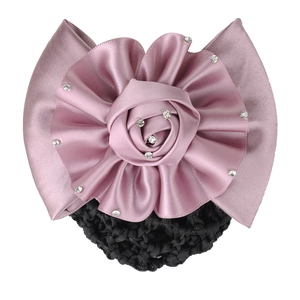 Pink satin flower hair clip with rhinestones and black hairnet for stewardesses