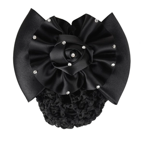 Professional black satin bow hair clip with rose flower, rhinestones and snood net