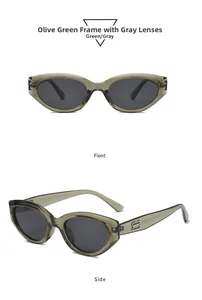 Detail view of olive green cat eye sunglasses featuring gold double B metallic temple accents