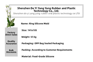 Specifications of food-grade silicone ring mold showing size 141x105mm and 57.5g weight