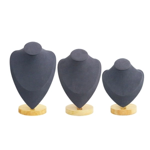 Three-piece set of wooden base jewelry necklace display busts in grey velvet finish