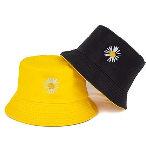 Kids Bucket Hat Cotton Polyester Reversible Daisy Embroidery Sun Protection Outdoor Summer Travel Girls Boys Student