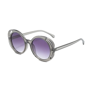 Women's round sunglasses with grey transparent double-layered frames and purple gradient lenses
