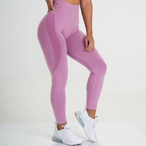 Detail of high waisted seamless yoga pants with purple heathered compression texture