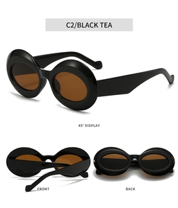Detail view of oval thick-frame sunglasses in black tea color with multiple angles