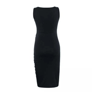 Rear view of a black sleeveless bodycon maternity dress with an irregular hem design