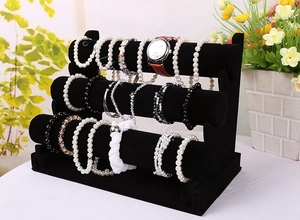 Three-tier black velvet jewelry stand for bracelets and watches with T-bar design