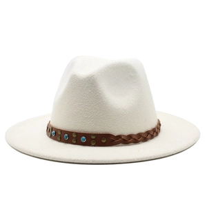 Classic cream fedora hat featuring a vintage brown leather band with turquoise studs
