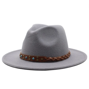 Close-up of grey felt fedora with woven leather band, copper rivets and turquoise stud