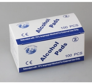 Detail of 100-count box of 75% isopropyl alcohol prep pads with CE certification logo