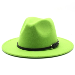 Close-up of bright green fedora hat showing dense wool felt texture and black leather band