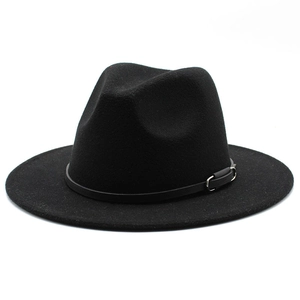 Classic black wool felt fedora hat with a leather strap and silver buckle accent