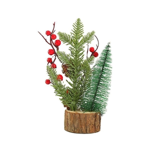 Mini artificial Christmas tree with red berries and pine cones on a wooden base