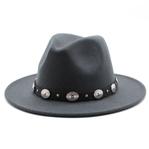 Vintage Fedora Hat Wool Felt Wide Brim Jazz Cap With Metal Studded Belt Western Bohemian Style For Men Women