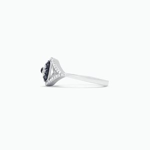 Detailed side view of S925 sterling silver evil eye ring with black stone and pave zircons