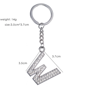 Detail view of rhinestone letter W keychain with 14g weight and 3.5cm x 3.7cm size
