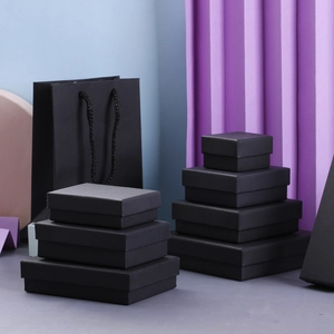 Matte black kraft jewelry gift box and matching paper bag set in various sizes
