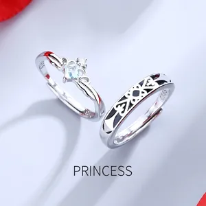 Princess And Knight Couple Rings Crown Design Copper Rhinestone Adjustable Open Ring Romantic Fashion Jewelry Gift For Lovers