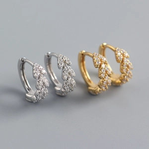 Elegant S925 sterling silver leaf hoop earrings with zircon pavé in gold and silver
