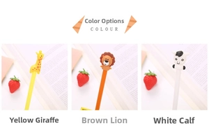 Detail of cute giraffe lion and cow cartoon silicone charms on colorful gel ink pens