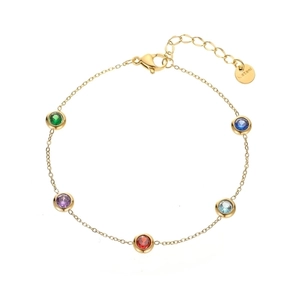 Gold stainless steel link bracelet with five colorful round rainbow gemstones in a circle